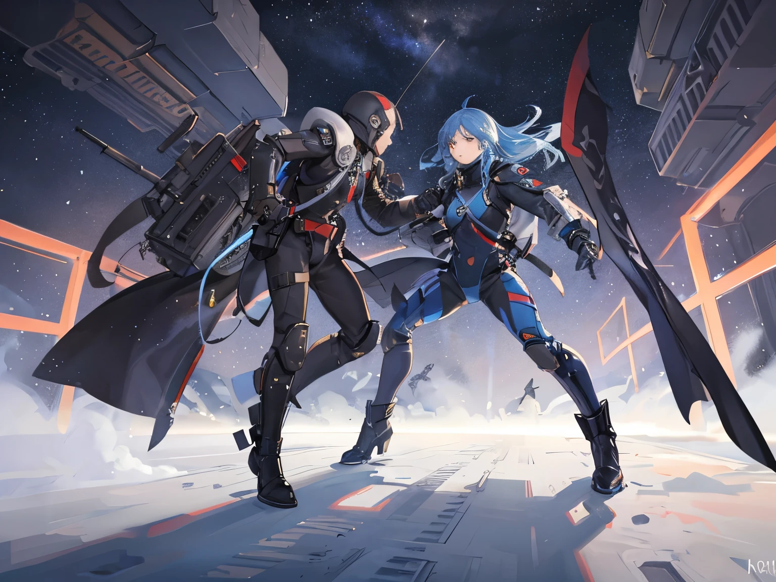 Harsh Space War, fighting powered suit armies, soldiers, falling space colony, many fighter planes,