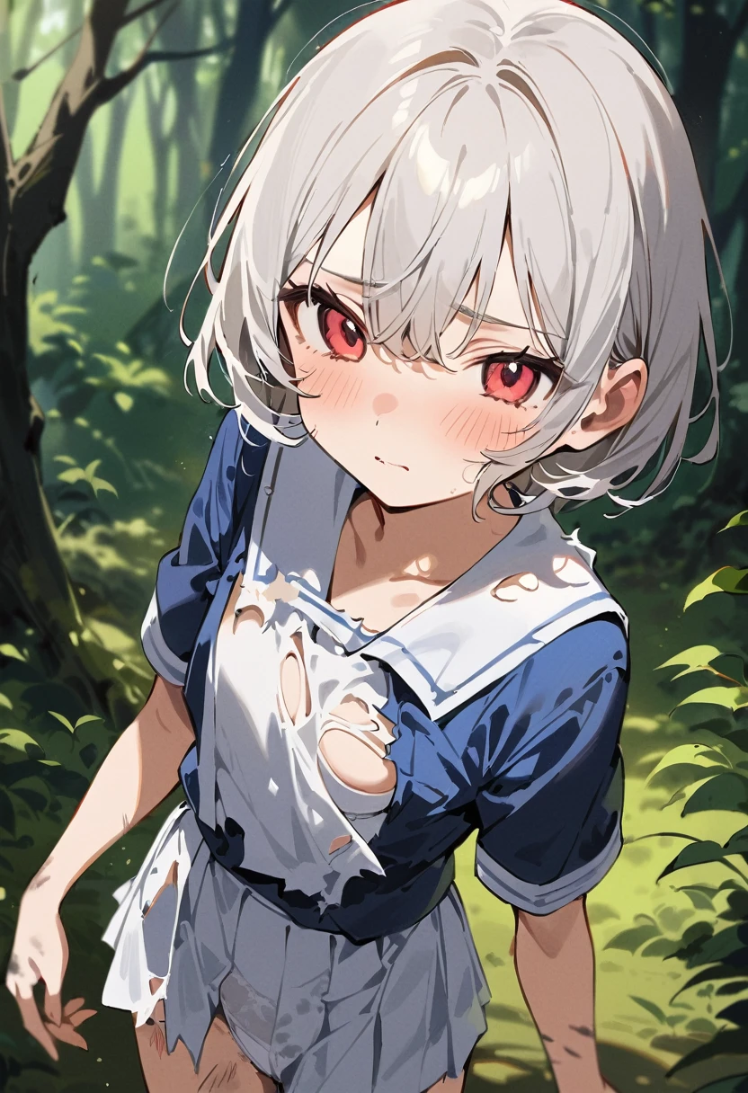 beautiful detailed girl,(masterpiece,best quality,extremely detailed:1.2),((cowboy shot:1.1)),(solo,,kawaii,slender,small breasts:1.25),(pained look:0.8),((white underwear) in ((Torn school uniform)):2),(dirty:2),blush,shy,weep,standing,(deep forest:1.5),(hug:0.4),rating: general, newest,Sexy face,(primitive:1.1)