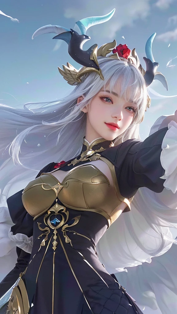 a close up of a girl with a sword and feather, white hair, with blue deer horn, smiling, portrait, knights of zodiac girl, (best quality,4k,8k,highres,masterpiece:1.2),ultra-detailed,(realistic,photorealistic,photo-realistic:1.37),HDR,UHD,studio lighting,ultra-fine painting,sharp focus,physically-based rendering,extreme detail description,professional,vivid colors,bokeh,portrait,fantasy,magical realism