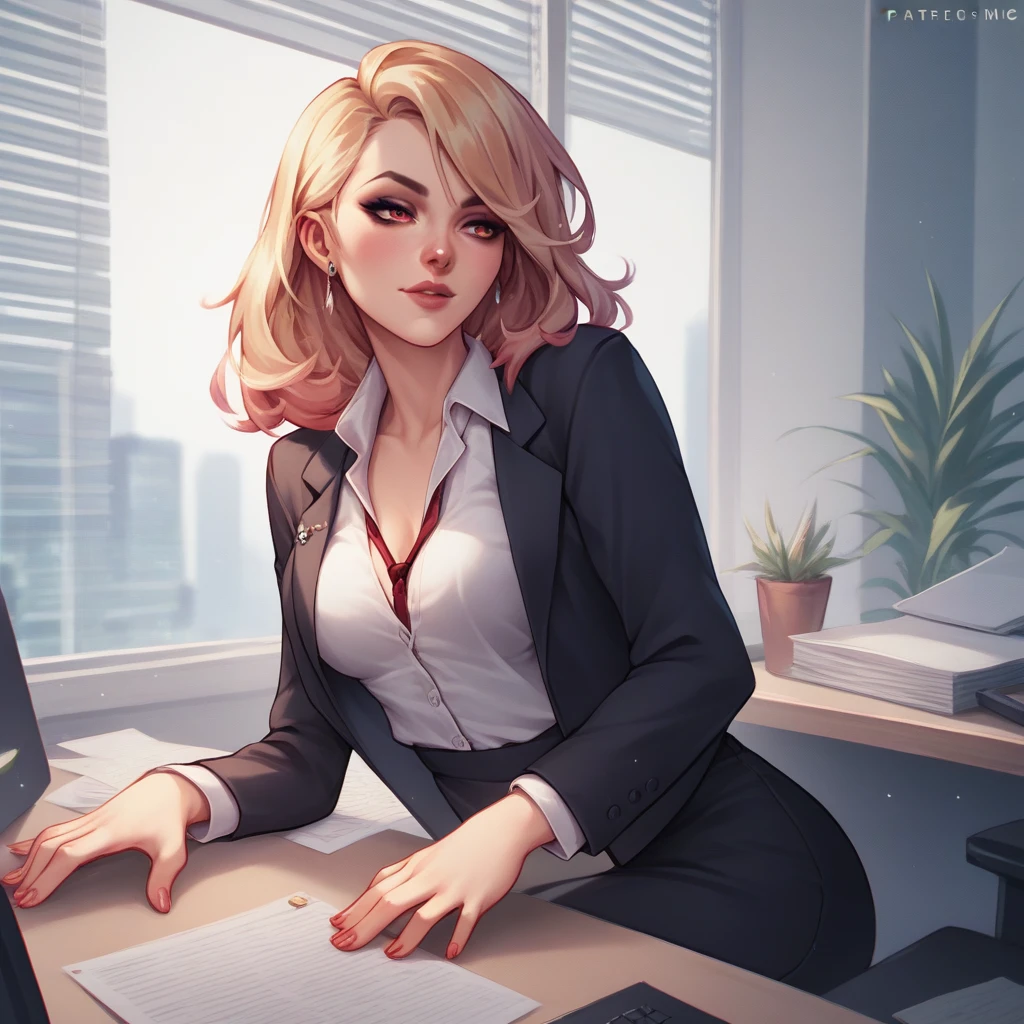 1girl, medium breasts, medium hair, (blond hair), red eyes, Office suit, score_9, score_8_up, score_7_up, score_6_up, score_5_up, score_4_up, ((sexy posing)), (sensual position), Office, BREAK,