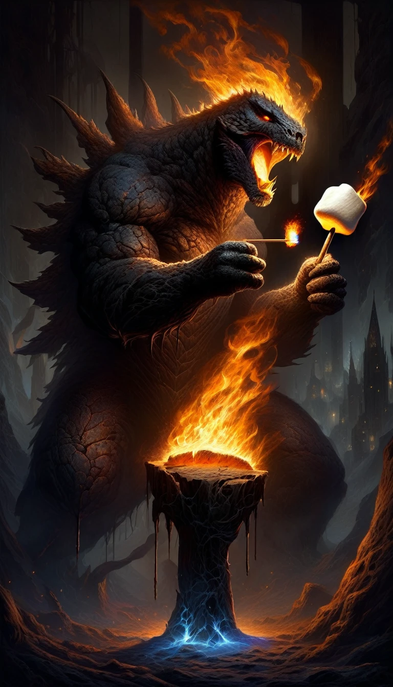 A masterful composition, a dark and gritty but luminous digital fantasy painting in the style of brom, godzilla holds a large toasted marshmallow on a stick, godzilla ignites the marshmallow with flame breath, HDR, 8k, extremely detailed, detailed background, high contrast, bold negative spaces, cinematic, complex and multidimensional lighting, epic,