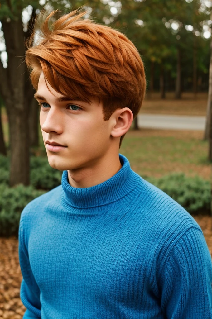 Cute male teen with orange hair and brown eyes wearing a large blue sweater.