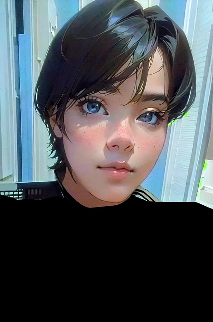 there is a anime woman with a black shirt and a cell phone, very very low quality picture, frontal picture, with short hair, low quality photo, very very low quality, face picture, she is facing the camera, low quality photograph, leaked photo, with accurate face, blurry image, with very thin lips, 1 8 yo, blurry face, 2 7 years old