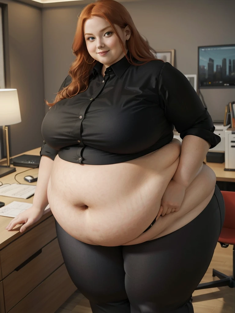 An happy photo of a Beautiful ginger architect BBW, with long wavy light Brownish-ginger hair, with big soft fat belly, thicc fat arms, thicc wide legs, big breast, in black pants, black shirt tucked in her pants, and dark red blouse in her new modern architect office