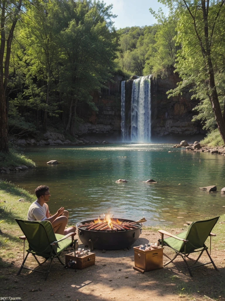 a tranquil camping scene,tent,survival tools,BBQ,beautiful lake,waterfall in the background,serene and peaceful atmosphere,(realistic,photorealistic,photo-realistic:1.37),(best quality,8k,highres,masterpiece:1.2),ultra-detailed,vibrant colors,natural lighting,soft focus,serene landscape
