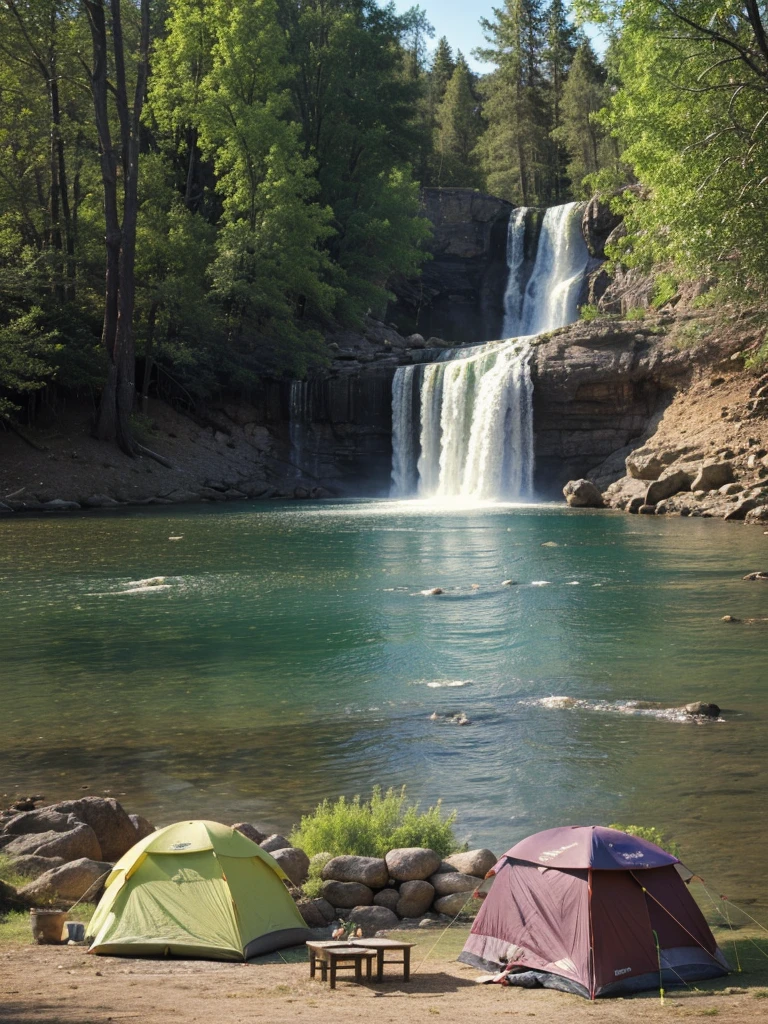 a tranquil camping scene,tent,survival tools,BBQ,beautiful lake,waterfall in the background,serene and peaceful atmosphere,(realistic,photorealistic,photo-realistic:1.37),(best quality,8k,highres,masterpiece:1.2),ultra-detailed,vibrant colors,natural lighting,soft focus,serene landscape