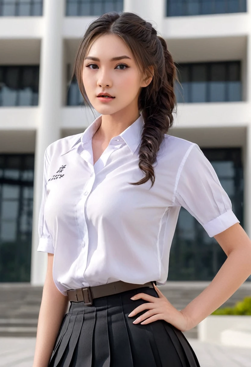 Masterpiece :1.3), A tall and pretty woman, Slender abs, Dark brown hair styled in loose waves, Breasts, student uniform, White button up shirt, Black pleated skirt, (Modern architecture in background), Details exquisitely rendered in the face and skin texture, Detailed eyes, Double eyelid