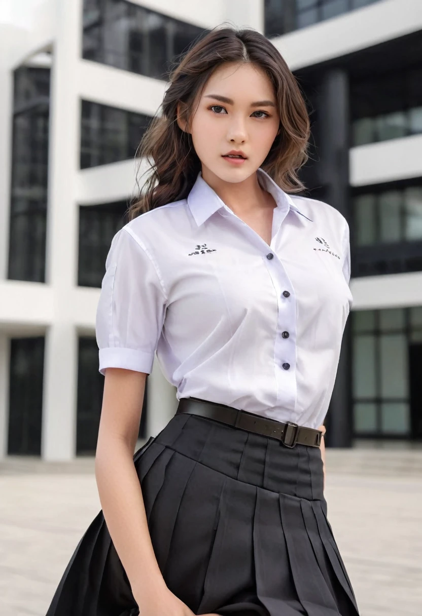 Masterpiece :1.3), A tall and pretty woman, Slender abs, Dark brown hair styled in loose waves, Breasts, student uniform, White button up shirt, Black pleated skirt, (Modern architecture in background), Details exquisitely rendered in the face and skin texture, Detailed eyes, Double eyelid