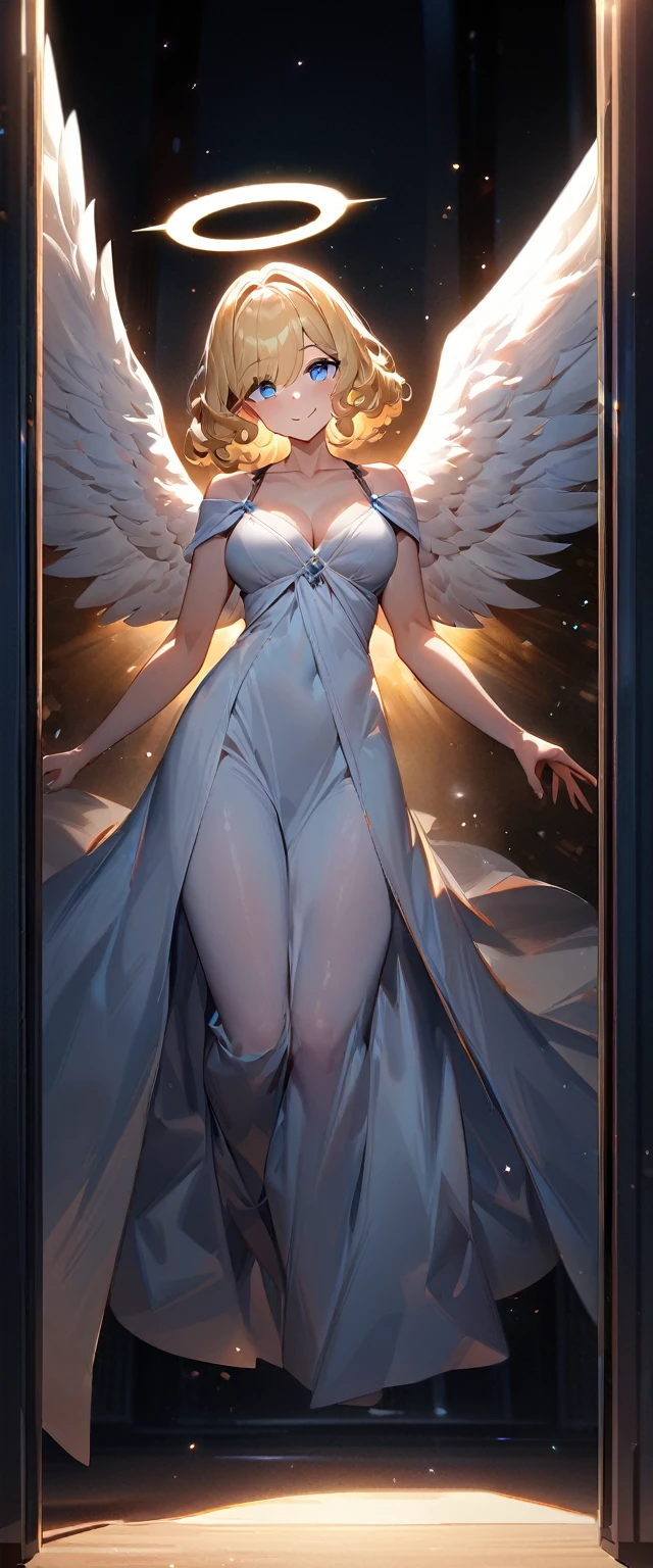 (((One girl))), (((full body))), ((flying)), ((angel, big big white wings:1.2, halo:1.3)), Uriel, greek mythology white costume, ((wavy hair, outward curled hair)), from side, evening, Sunset, ((blond hair, bob cut:1.3)), breasts, standard body, (looking at viewer), oversized clothes, collarbone, head tilt:1.3, (((blue eye))), ((happy smile)), (((anime style))), (best quality, 4K, 8K, highres, masterpiece:1.2, ultra-detailed, ultra-detailed eyes, HDR, uhd, studio lighting, ultra-fine painting, sharp focus, physically-based rendering, extreme detail description, professional, vivid colors, bokeh), ((Highest quality, Best image quality, Ultra-high resolution, Ultra-high resolution, solo, Strong eye highlights)), Depth of written boundary, Natural soft light, attractive, Beautiful Face, Cleanliness, Pure Face, medium chest, Beautiful Face, Perfect Fingers, Perfect hands, Perfect body, Perfect Face, Shine a light into your eyes, Perfect Anatomy