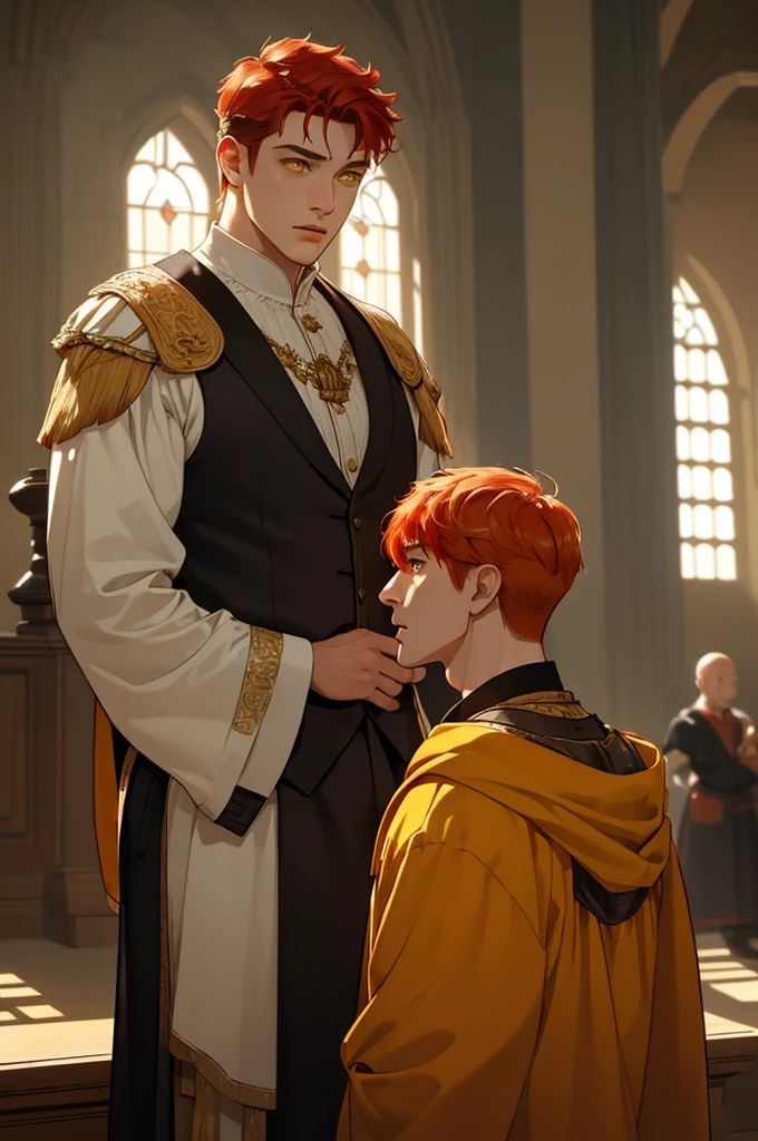 (masterpiece, highest quality), 2 chapter's one is a young man with yellow eyes and red hair and wearing a noble clothing and the second character is a older man with no hair and is heavily fat and the two men are talking to each other, close up view of both of them talking inside the castle hall