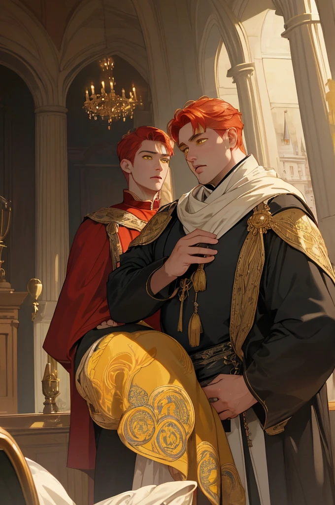 (masterpiece, highest quality), 2 chapter's one is a young man with yellow eyes and red hair and wearing a noble clothing and the second character is a older man with no hair and is heavily fat and the two men are talking to each other, close up view of both of them talking inside the castle hall