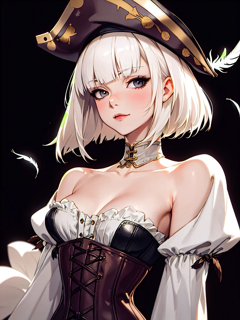 ((Portrait)), She has a Very Small and Slender Appearance, with a Flat Chest and a Mischievous Expression. Her Hair is Short, Neck-length, Platinum Blonde with Messy Strands and a Blunt Bangs. Her Light Gray Eyes Shine Strikingly against Her Pale Face. She Wears a Strapless White Linen Dress, with Detached Sleeves, and a Tightly Fitted Corset. She Also Wears a Huge Pink Leather Trench Coat with Gold Details, and a Black Pirate Captain's Hat with Decorative Feathers, Portrait, HDR, ((Dark Background))