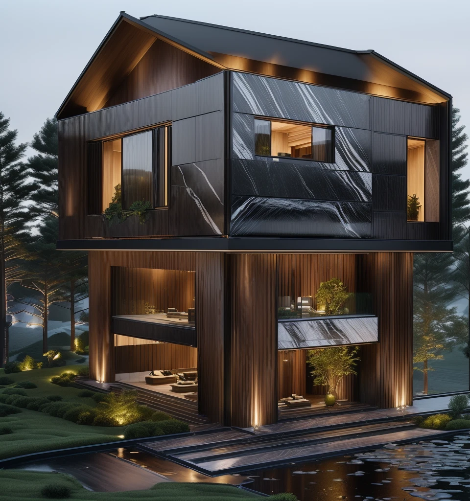 3D render of a beautiful house, Dark, gray tones. lumion render, night time render, insanely detailed rendering, realistic architecture, architectural visualization. The staircase leading into the house is tiled with black marble and has bright LED lights. Behind are hills and mountains with clear blue sky. The house with a large porch to sit and drink tea with wooden panels and LED lights, there is a large patio with a waterfall and a pond, pine trees, grass, garden stones, roses. balcony with green plants. The main door is made of black aluminum and glass reaching up to the ceiling. Looking through the glass windows to look inside the house with luxurious interiors with luxurious and warm lights, interior lighting rendering and lighting effects. marble and wood and glass, dark and modern, luxcore render, taken with professional photography techniques, using a wide angle lens with bright natural light and high resolution details, in the style of professional photograph, hyper realistic, highly detailed. 