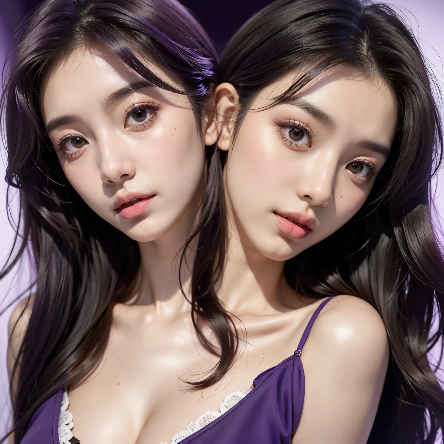 1 person, young age korean kpop star, girl, looking at camera adoringly, dark atmosphere, highly detailed skin,, cleavage,old japanese style ,8K quality, super sharp, Ultra realistic details, purple hair colour, Bright colors, black rose in hair , cleavage,(debris flies, highest quality, ultra high resolution),1 girl,beautiful and detailed face, fine eyes,((purple theme)),perfect eyes、no background,white background,,Isshiki、model,flowers,rings,conjoined_dicephalus, (three heads:1.2)