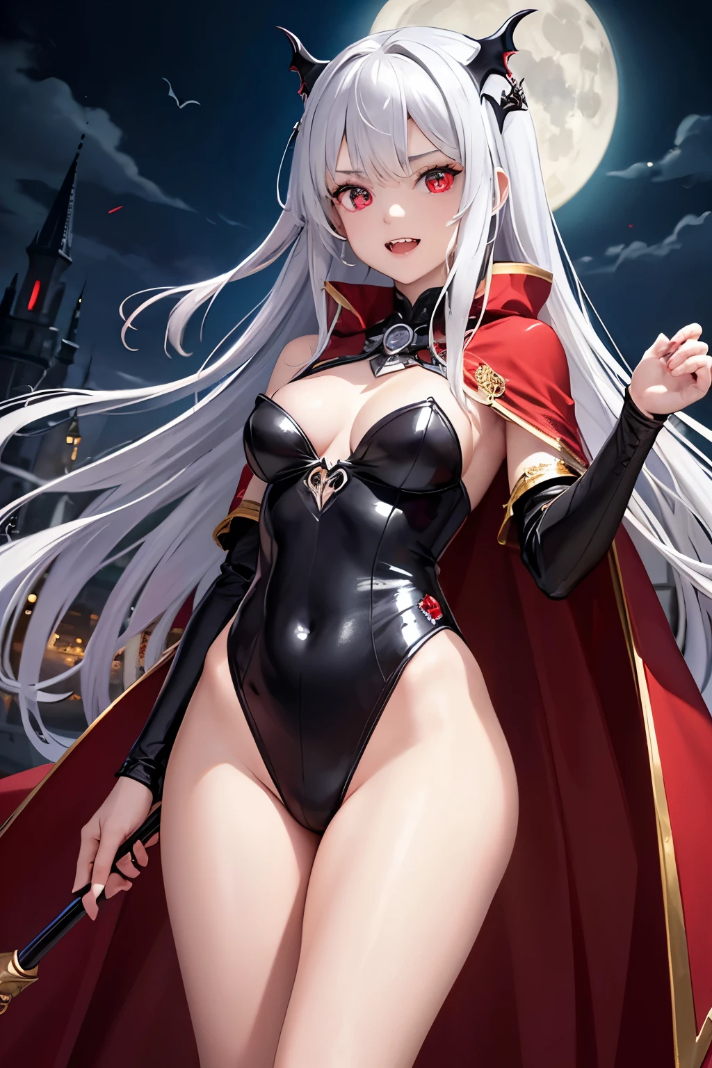 (((SFW、sound、Highest quality、first-clasasterpiece、Normal body、8K、Detailed face、Ultra-precision、Normal hand、Normal finger、5Finger、Highest)))、vampire、Vampire Princess、beautiful girl、Silver Hair、Sharp double teeth、slender、thin feet、Red eye socket、Red Eyes、Black leotard、Red overcloak、full moon、Castle at night、Standing in the Darkness
