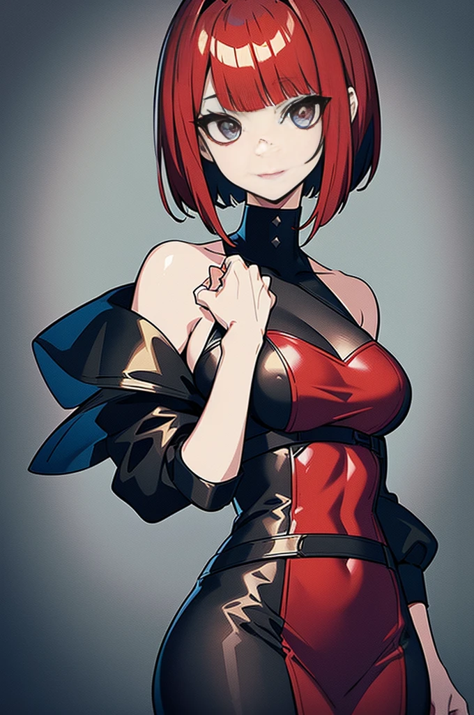 a beautiful girl with red hair wearing a black dress, detailed facial features, bob haircut, full body illustration, woman wearing a long black and red coat, solo character, white background, anime style, highly detailed, photorealistic, 8k, best quality, masterpiece, blue eyes, short hair