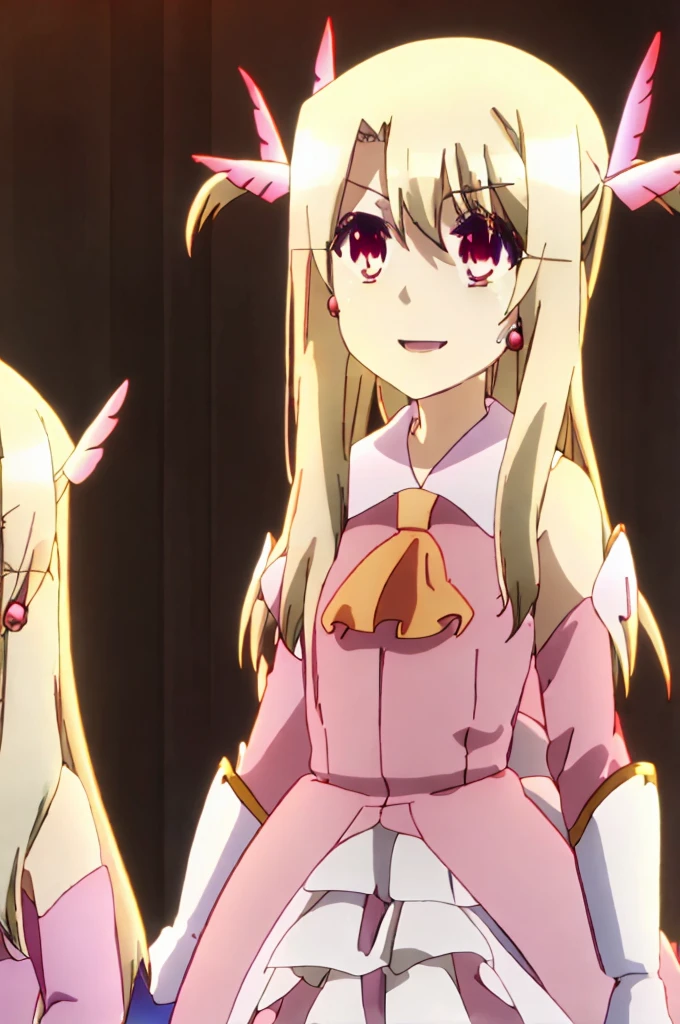 Illyasviel von Neinzbern, Illyasviel von Einzbern, Blonde, Hair between the eyes, Long Hair, (Red eyes:1.5),(child:1.7), {{{masterpiece}}}, {{{Highest quality}}}, {{Super detailed}}, {figure}, {{Very delicate and beautiful}}, 8K, Browsing Caution, Illyasviel von Einzbern(destiny/カレイドライナーPrisma Illya), Illyasviel von Neinzbern, Illyasviel von Einzbern, Long Hair, Blonde, (Red eyes:1.3), (Parted bangs:1.5), smile, Breaking hair ornament, gloves, dress, jewelry, Earrings, Removable sleeves, Ascot, Magical girl, feather, pink dress, Feather hair ornament, プリズマ☆イリヤ