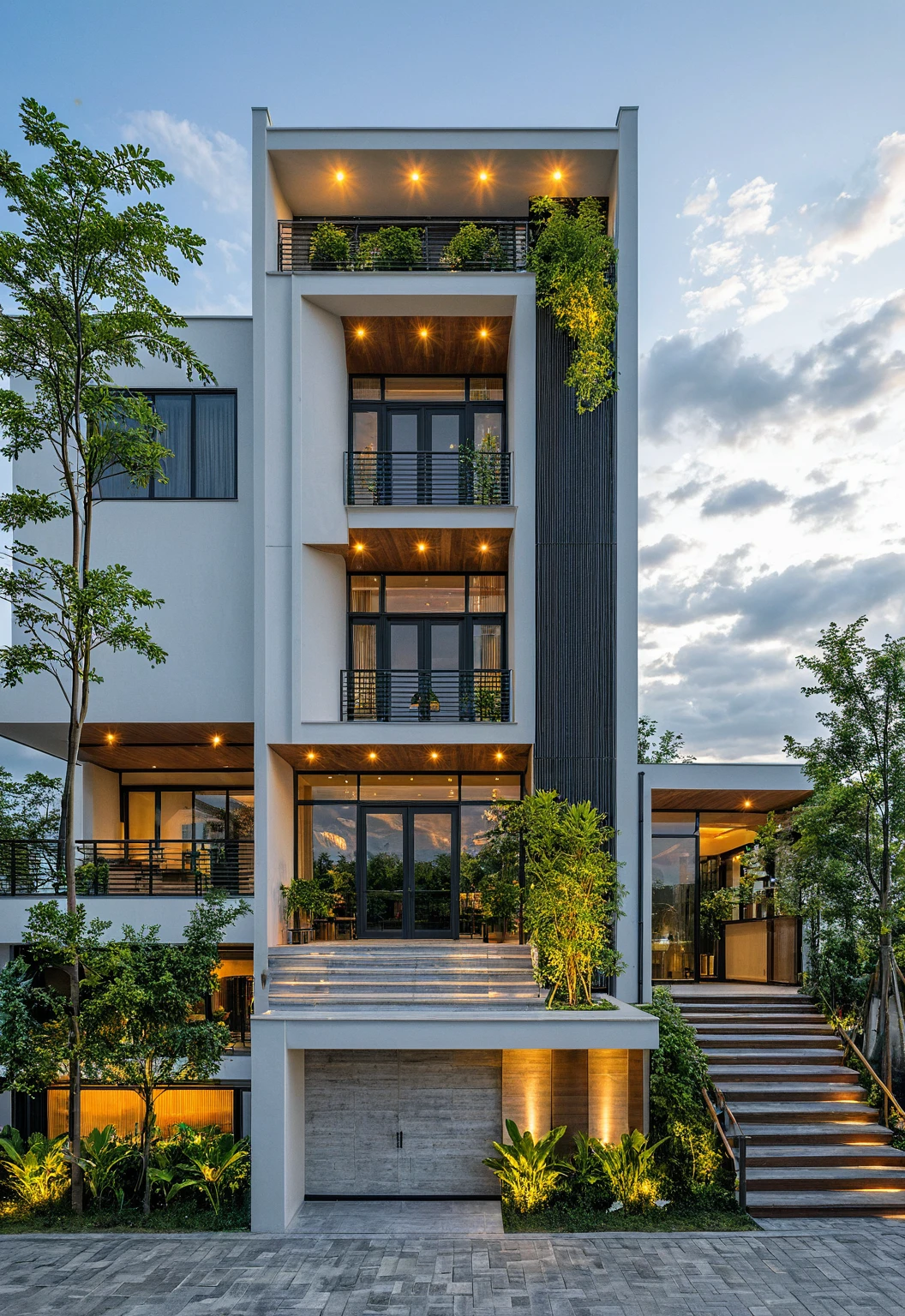 Masterpiece, high quality, best quality, authentic, super detail, outdoors, onestoreyvillaXL, aiaigroup, house style modern on the street ,stairs, white wall ,road,pavement, grass, trees, sky, cloud, (daylight:1.1)