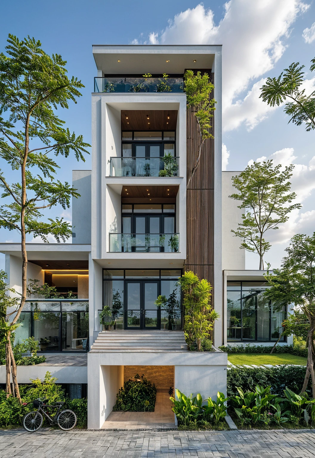Masterpiece, high quality, best quality, authentic, super detail, outdoors, onestoreyvillaXL, aiaigroup, house style modern on the street ,stairs, white wall ,road,pavement, grass, trees, sky, cloud, (daylight:1.1)