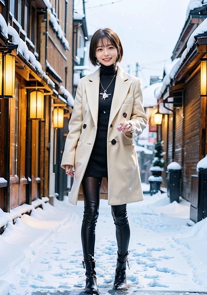 Outdoors in the city、Fur coat、豪華なグレーのミンクのFur coat、Wear fine leather boots、Luxury Bags、Inner turtleneck、Silver necklace and small silver earrings, Illionaire style:1.4））、Full body photo、smile、 Caustics、Highly detailed photos、Very beautiful woman 、Ample breasts、No makeup、(8K、RAW Photos、Highest quality、masterpiece:1.2)、(Realistic、Realistic)、1 Girl、((Medium Short Hair、Midwinter、Cold region Snow falling、The wind is blowing、Fluttering Hair、Blur the background、Colorful illuminations、Looking into the camera:1.4))、
