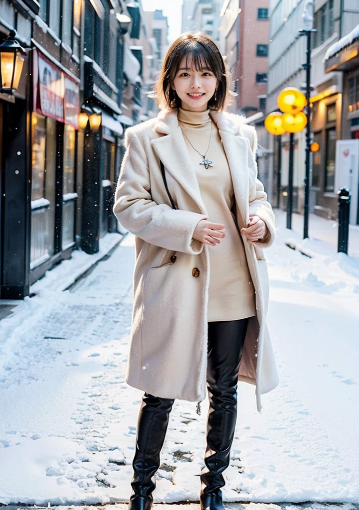 Outdoors in the city、Fur coat、豪華なグレーのミンクのFur coat、Wear fine leather boots、Luxury Bags、Inner turtleneck、Silver necklace and small silver earrings, Illionaire style:1.4))、Full body photo、smile、 Caustics、Highly detailed photos、Very beautiful woman 、Ample breasts、No makeup、(8K、RAW Photos、Highest quality、masterpiece:1.2)、(Realistic、Realistic)、1 Girl、((Medium Short Hair、Midwinter、Cold region Snow falling、The wind is blowing、Fluttering Hair、Blur the background、Colorful illuminations、Looking into the camera:1.4))、