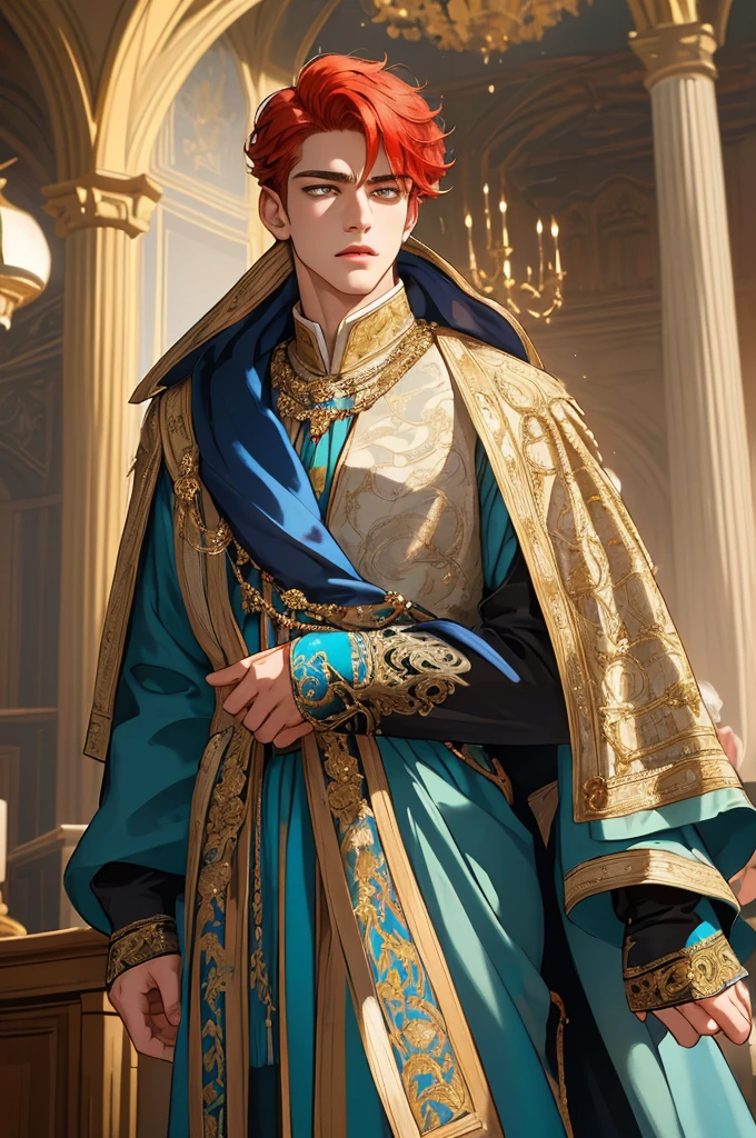 (masterpiece, highest quality), In the grand hall of the castle, the opulence of its architecture was matched only by the nobility of its occupants. Standing tall and confident was a young man, his striking yellow eyes gleaming with intelligence and ambition. His fiery red hair framed a face that bespoke both youth and determination. Clad in the finest noble attire, his garments were an intricate tapestry of deep blues and golds, adorned with delicate embroidery and jewels that caught the light with every movement. He exuded an air of authority, his posture as regal as the surroundings.