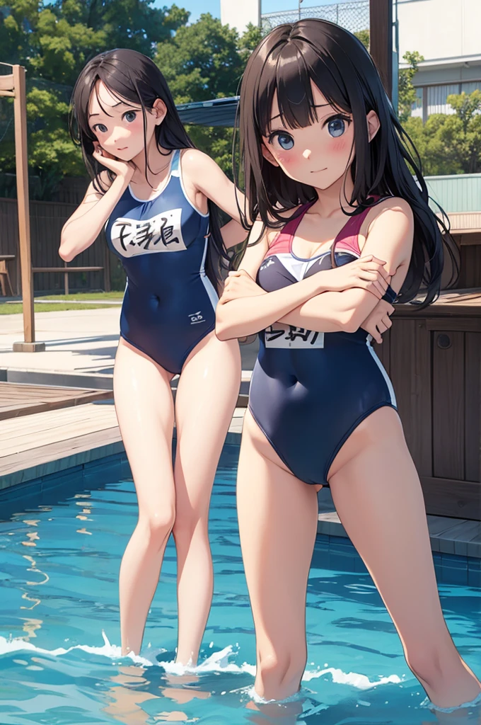High school girls Swimwear Embarrassed face Childhood friend