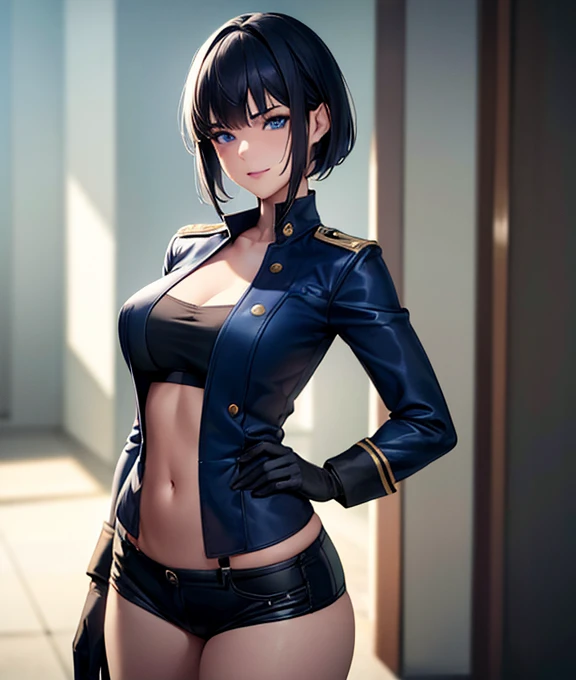 1 girl, short dark blue hair, dark blue eyes, warm smile, short Military shirt, short pants, navel, thigh high stockings, hand gloves, ultra-detailed, (best quality,4k,8k,highres,masterpiece:1.2),ultra-detailed,(realistic,photorealistic,photo-realistic:1.37),HDR,UHD,studio lighting,ultra-fine painting,sharp focus,physically-based rendering,extreme detail description,professional,vivid colors,bokeh,portrait