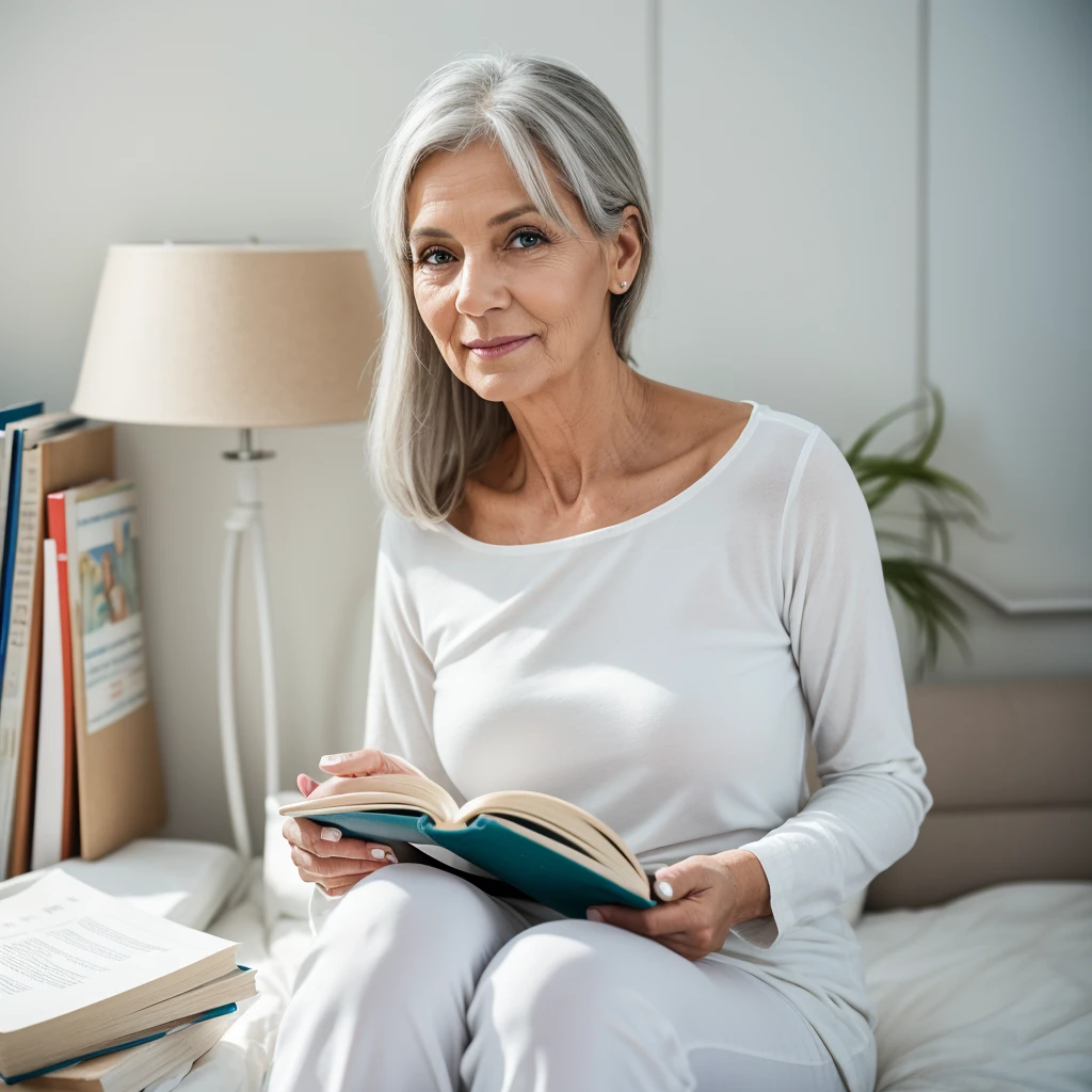 young lady, 58 years old, covered in white paint, with a book in her hand, looking at the camera