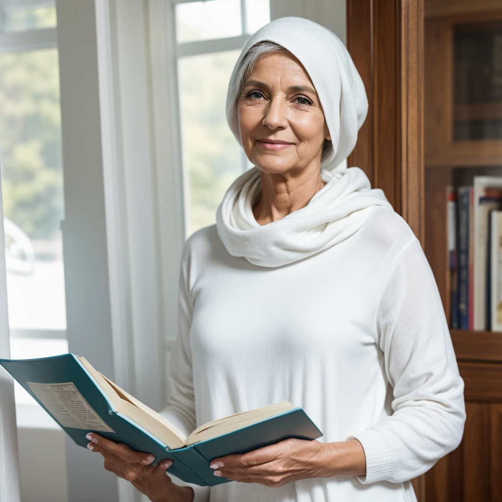 young lady, 58 years old, covered in white paint, with a book in her hand, looking at the camera