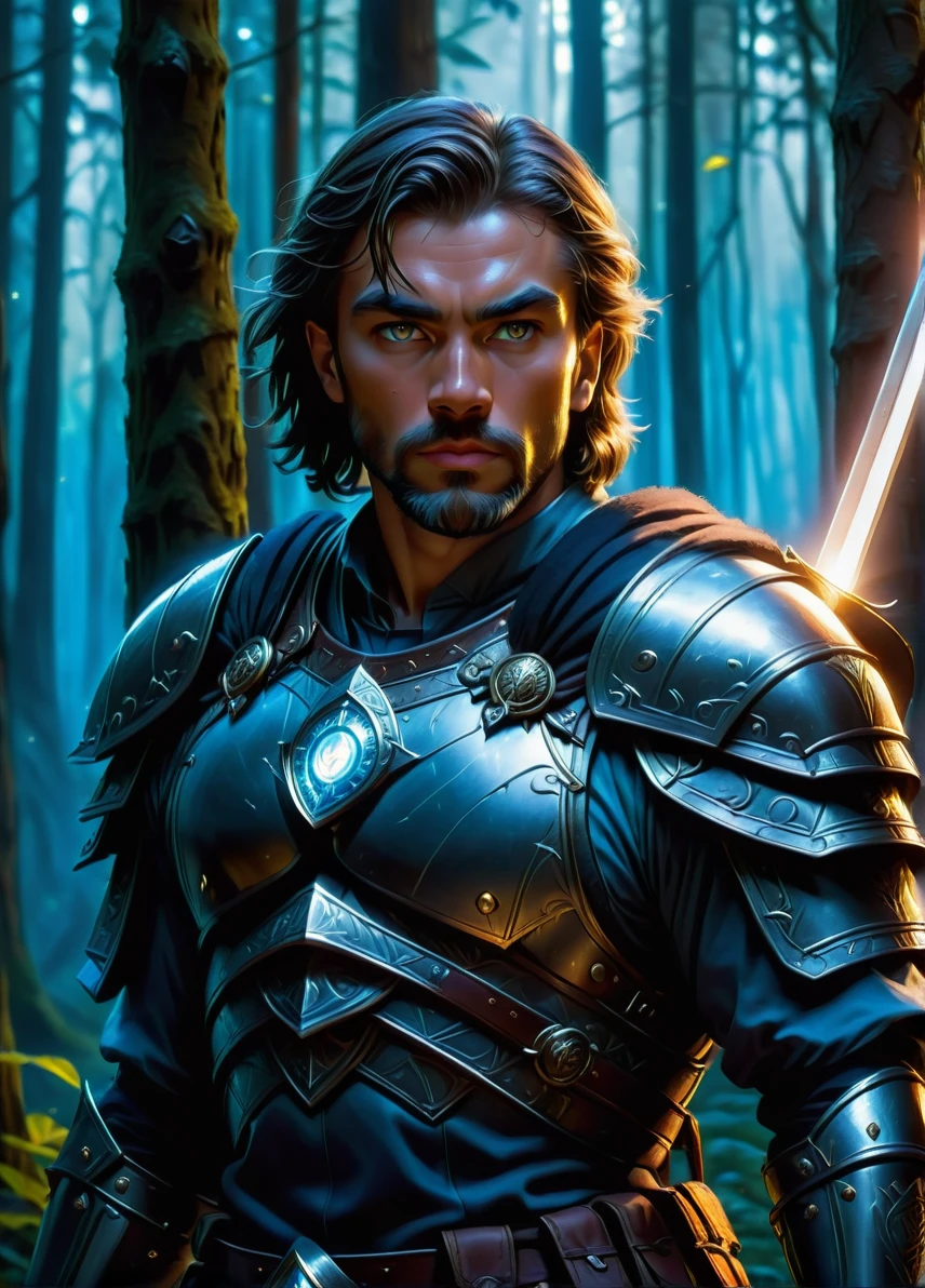 grizzled human adventurer warrior, male focus, guild symbols and patterns, dark ethereal fantasy forest at night, holding an iron sword, full shot, 
((looking at viewer:1.2), (from side:0.8)), 
full armor, athletic, volumetric lighting dynamic lighting, real shadows, vibrant contrasting colors,  
style of Stephen Hickman and Stan Manoukian,
ultra realistic, masterpiece, high quality, highres, sharp focus, intricate, sharp details, highly detailed, rich color, 8K,