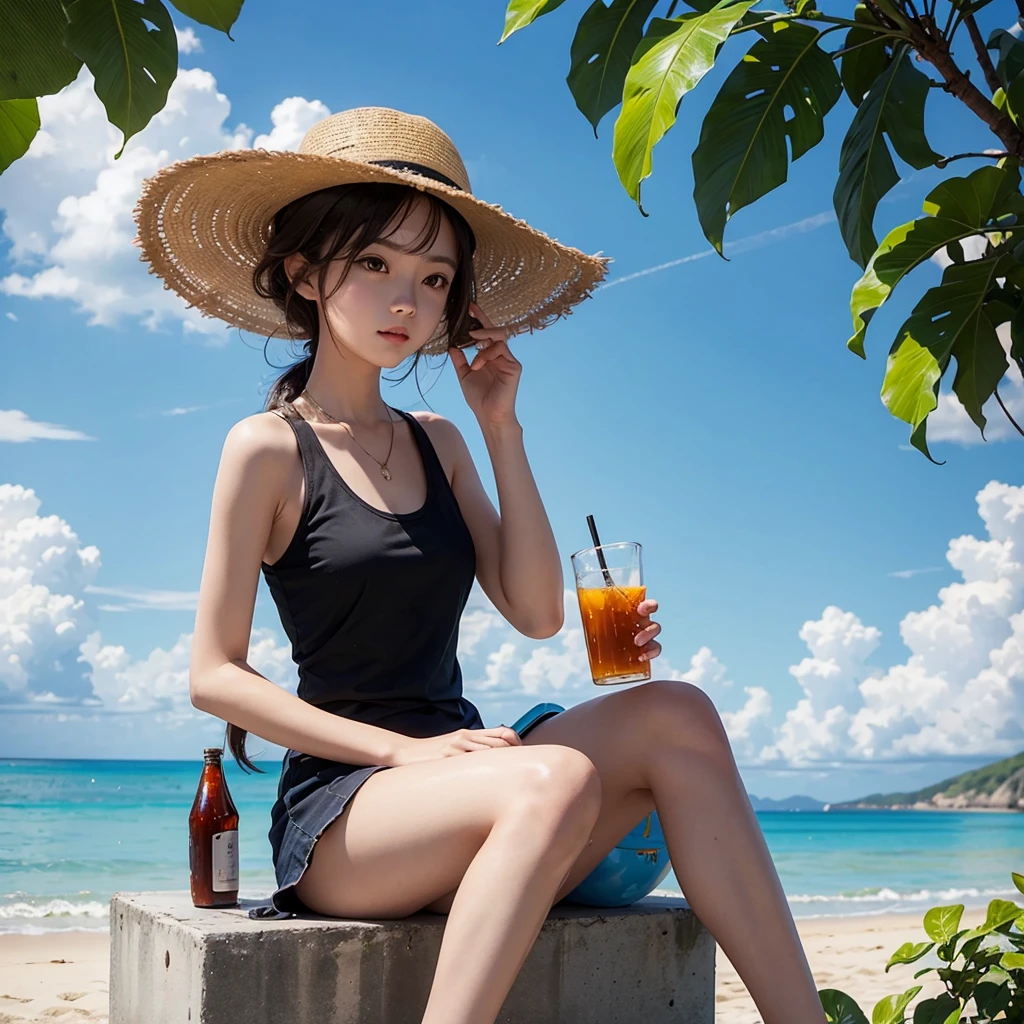 summer,PET bottles,Black tea,Drinking,girl,1 person,cool,Highest quality,sun,blue sky,beach,