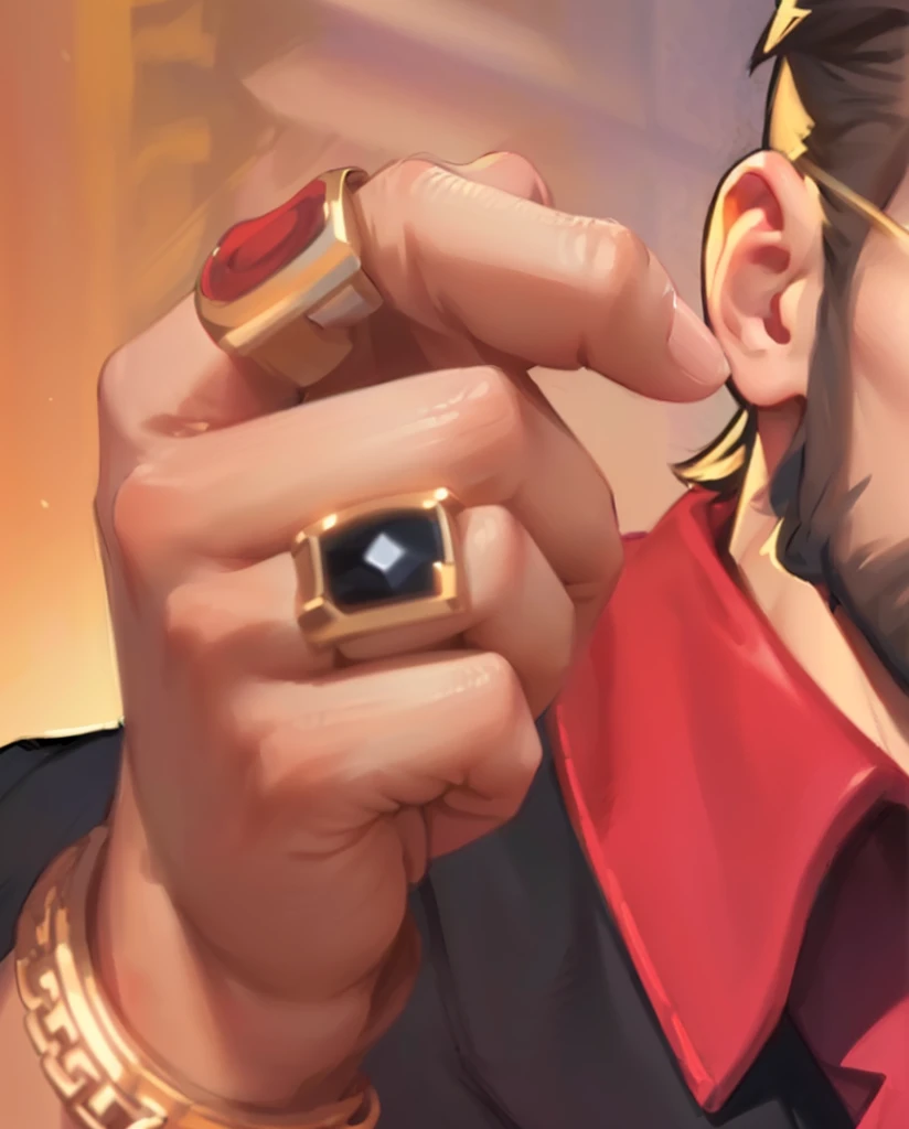 there is a man with a beard and a ring on his finger, hyper detail portrait, point finger with ring on it, extra detail, heavy gesture style closeup, hyperdetailed!, character art closeup, high quality portrait, hyperdetailed!!, hyperdetailed!!!, ultra detail. digital painting, [ [ hyperrealistic ] ], rich in details, high details!