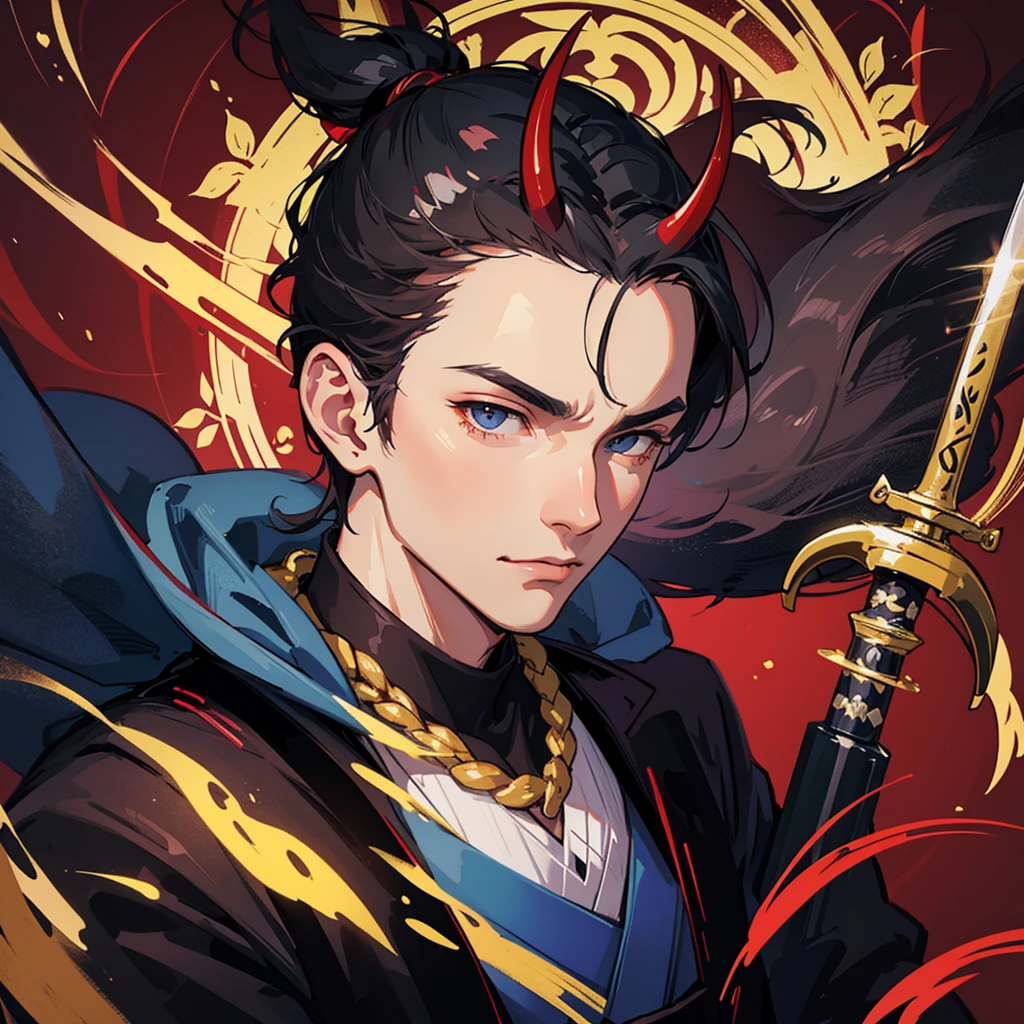 portrait of 1 make samurai, handsome face, demon, sword