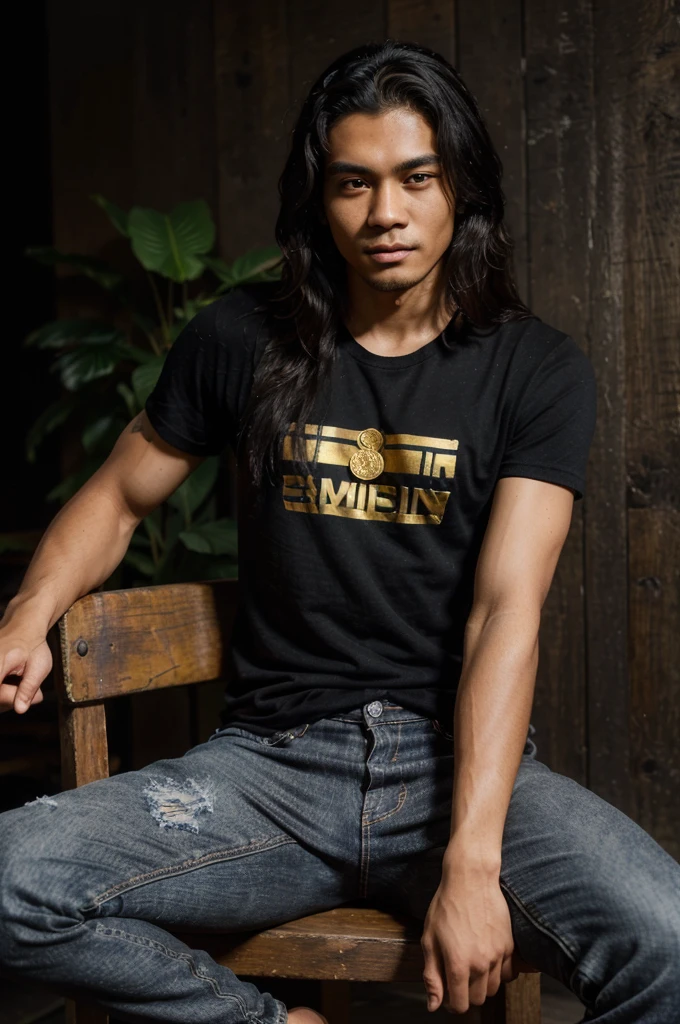 Portrait of a 25 year old skinny Indonesian man, long curly hair, wearing a black t-shirt with embossed "Zenqira", jeans ripped at the knees, sitting relaxed on an old wooden chair, holding gold coin, both hands have tattoos, black background soft, very realistic, UHD, super detailed image, masterpiece, 16K.