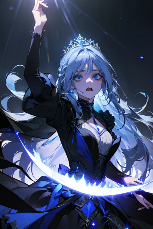 A princess screaming in hatred, detailed face, blue eyes, glowing black dress, very long hair, flying hair, magical, dark background