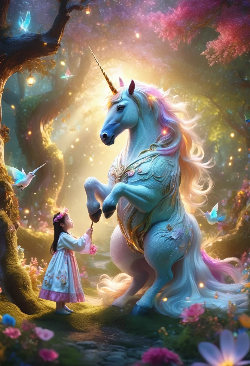 tale world, Wonderland, ((Tyndall effect)), Giant Tree, Golden beam, Fantasy Creatures, Fairy, unicorn, Talking animals, Sweet floral aroma, Sweet birdsong, dappled shadow, Magic Wand, Colorful light spots, Far away magical country, imagination, secret, adventure,美丽的unicorn,Flowing mane,Wizarding World,瘦长俊美体型的unicorn