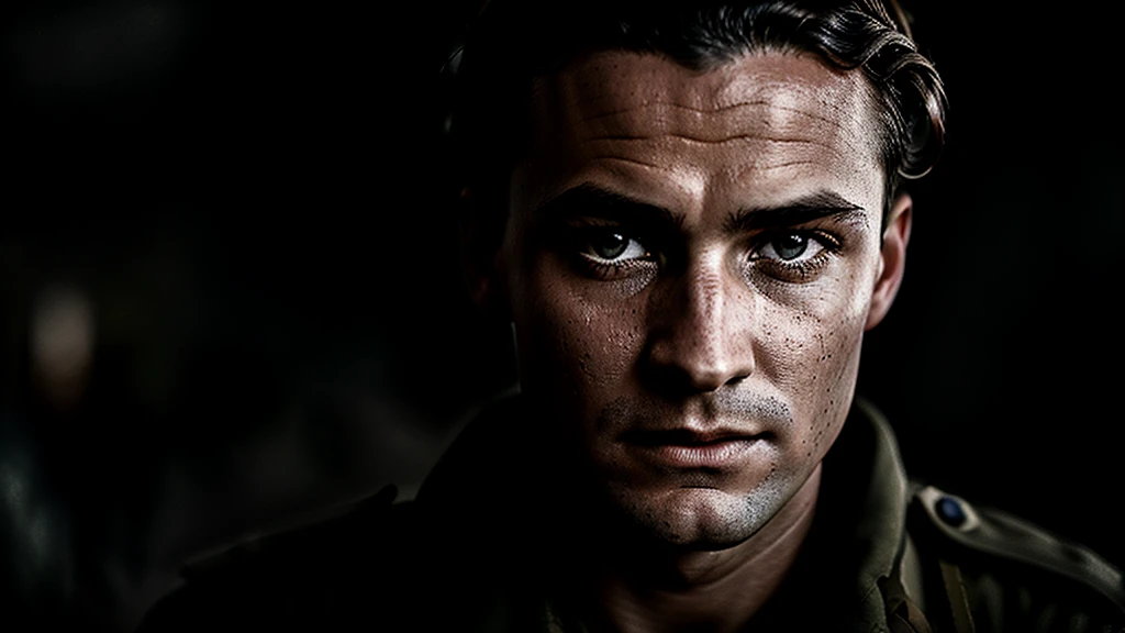 powerful vintage wet-plate close up portrait photo of a soldier, world war 2 photo, authentic film grain, daguerreo still 35mm photo by Alessio Albi and Charlie Bowater