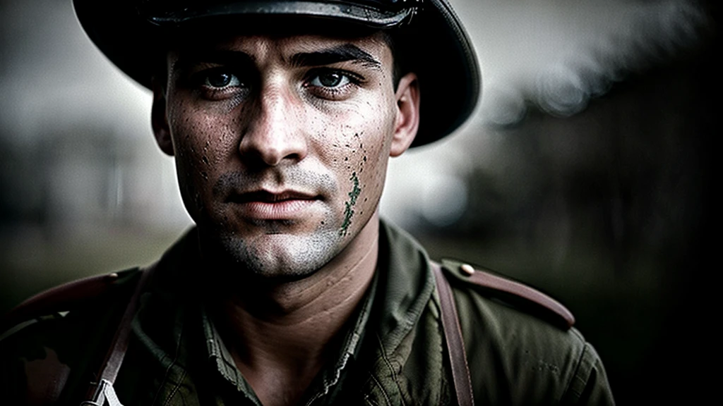 powerful vintage wet-plate close up portrait photo of a soldier, world war 2 photo, authentic film grain, daguerreo still 35mm photo by Alessio Albi and Charlie Bowater