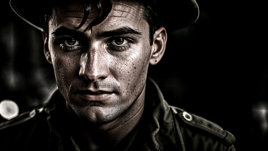 powerful vintage wet-plate close up portrait photo of a soldier, world war 2 photo, authentic film grain, daguerreo still 35mm photo by Alessio Albi and Charlie Bowater