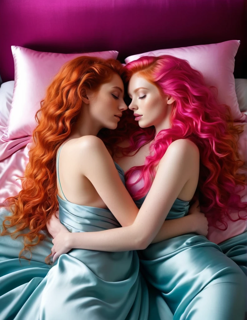 2 very attractive 25 year old girls, 1 long very curly ginger hair, 1 long straight bright pink hair, A passionate encounter between two women entwined in each other's arms on a bed scattered with silk cushions. 8k, hyper realism, vibrant colors, sharp crisp image