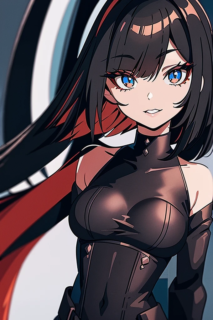 a beautiful girl with red hair wearing a black dress, detailed facial features, bob haircut, full body illustration, woman wearing a long black and red coat, solo character, white background, anime style, highly detailed, photorealistic, 8k, best quality, masterpiece, blue eyes, short hair