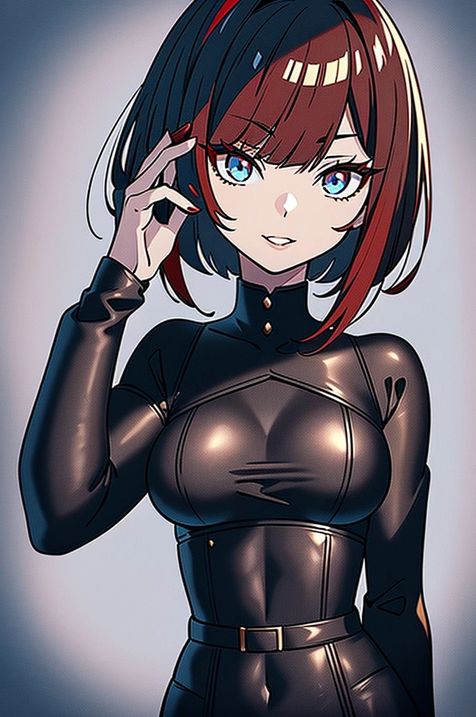 a beautiful girl with red hair wearing a black dress, detailed facial features, bob haircut, full body illustration, woman wearing a long black and red coat, solo character, white background, anime style, highly detailed, photorealistic, 8k, best quality, masterpiece, blue eyes, short hair