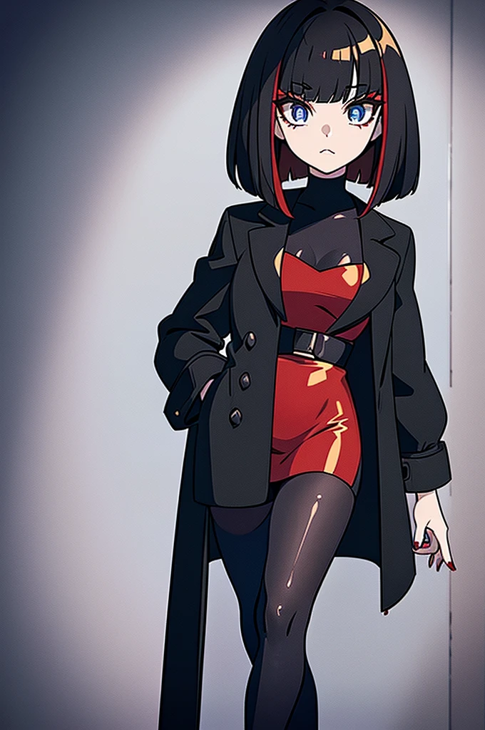 a beautiful girl with red hair wearing a black dress, detailed facial features, bob haircut, full body illustration, woman wearing a long black and red coat, solo character, white background, anime style, highly detailed, photorealistic, 8k, best quality, masterpiece, blue eyes, short hair