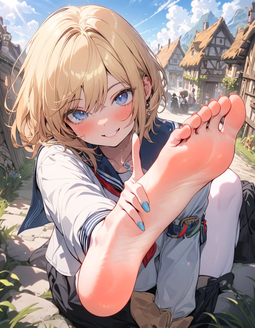 (masterpiece),1girl,foot focus, full body, looking at viewer, village, sunlight, clear sky, pale skin, blonde hair, short hair, blue eyes, serafuku, feet up,extra digit, fewer digit