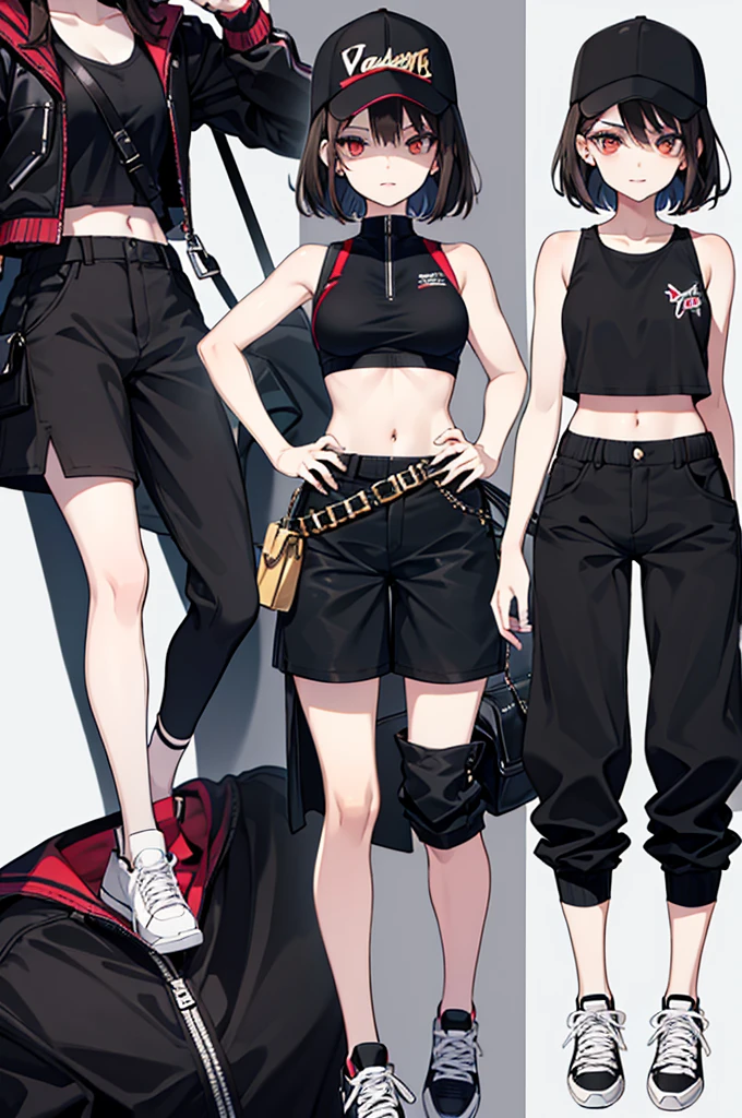 a young woman with short blackish-brown hair and golden eyes with black irises. She has a muscular but slim build, fang-like front teeth, and black-painted talons similar to those of a vampire. For clothing, she wears her signature baseball cap along with a plethora of different modern outfits and casual outfits like black colored cropped pants, sleeveless shirt and short boots or sneakers.