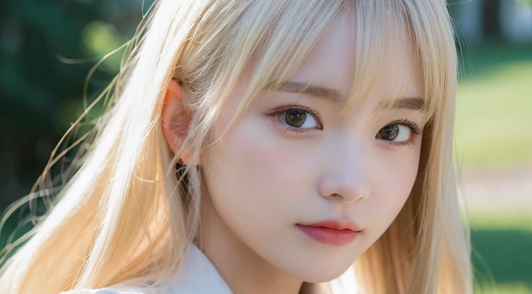 (Long Hair, bangs, Platinum Blonde Hair:1.2),(Wearing school uniform:1.2),1 girl,Japanese,21 years old,(Small breasts:1.3),(Highest quality,masterpiece:1.3,超A high resolution,),(Ultra-detailed,Caustics),(Photorealistic:1.4,RAW shooting,)Ultra-Realistic Capture,Very detailed,High resolution 16K human skin close-up。 Natural skin texture、,Pores、、It needs to be detailed enough to be easily identifiable。 Skin should be even-toned and healthy looking。 Use natural light and colour, Sad expression, Looking at the camera, Perfect dynamic composition, Outdoor