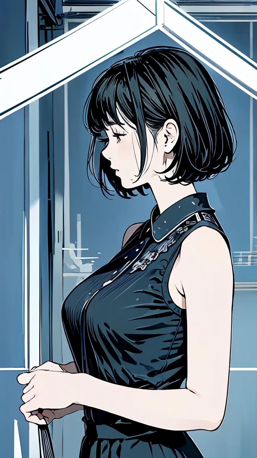 Master Painting、Optimal quality、downpour、woman、Very depressive、Short black hair、Look Up、profile、Upper Body、Large Breasts、Asian、Black suit