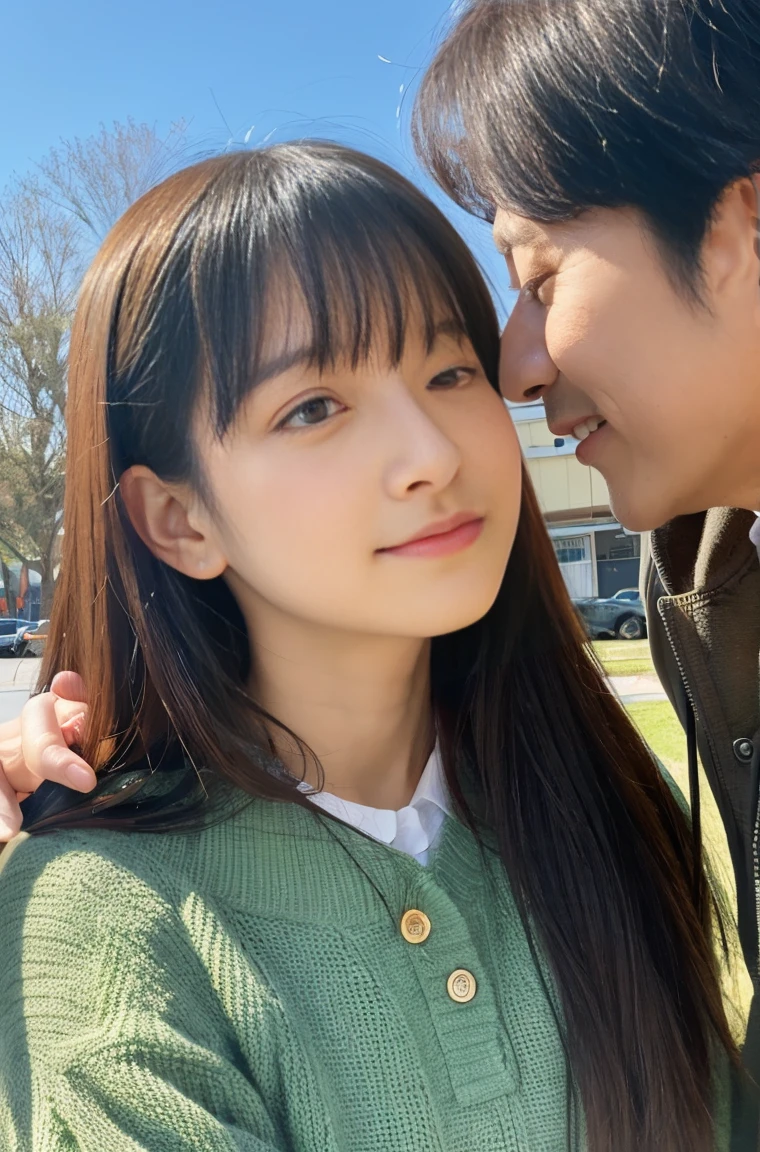 Just two persons A 70-year-old man and his 20-year-old daughter(name:spring、Your are completely exposed) springは15歳のアイドルのように若くてかわいいです. Face to face deep kiss 浮浪者汚い格好の男性がspringのドレスの胸をはだかせる、springの小さな胸と乳首が露に完全に露出している。