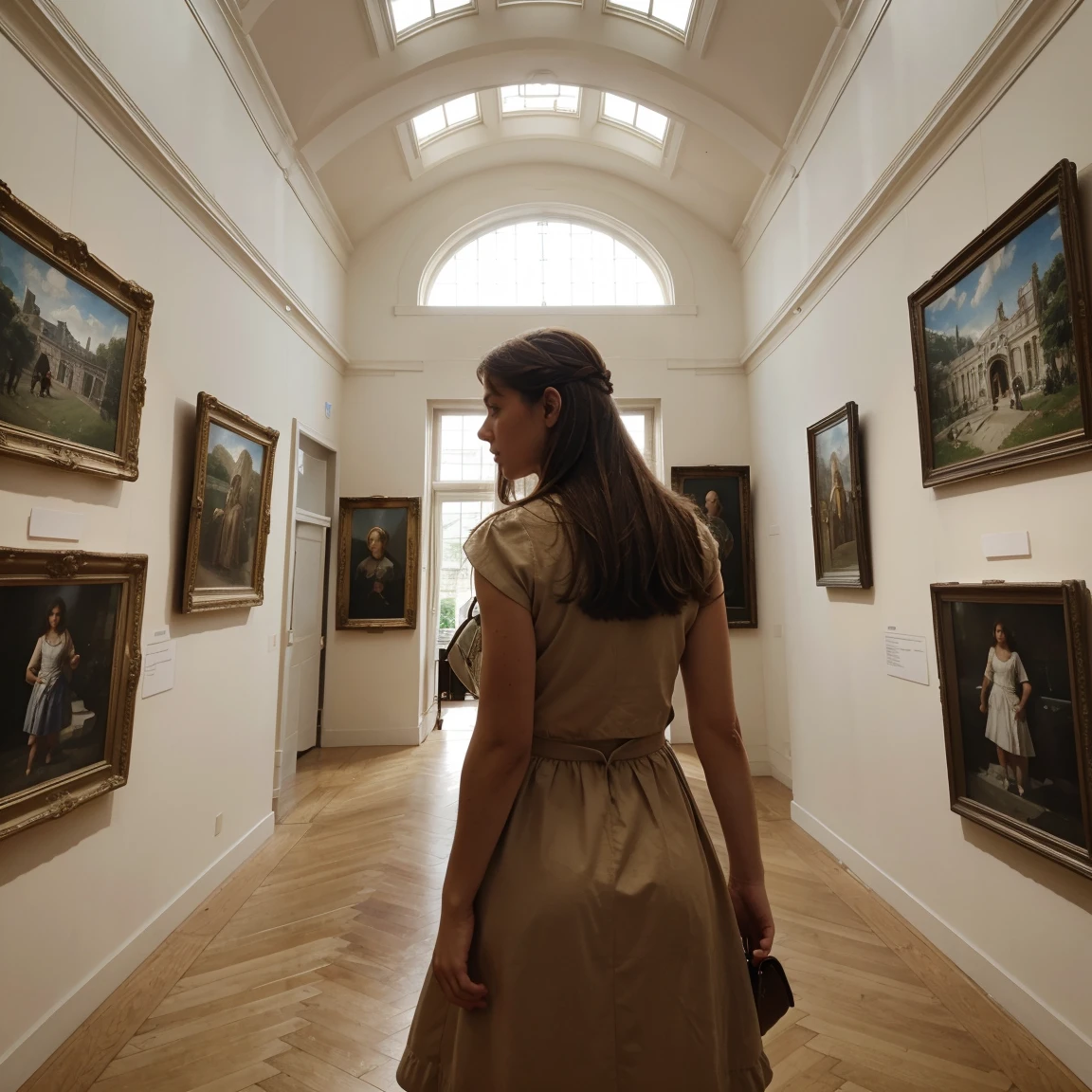 Lucie facing a museum, seen from behind